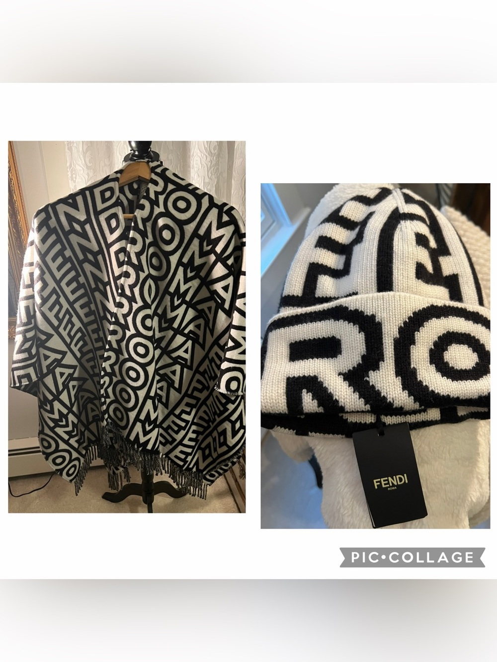 Fendi Black & White Logo Knit Shawl and Beanie Set!